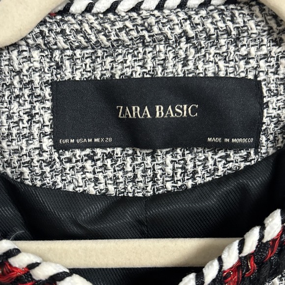 Zara Blazer Jacket M Black Red Tweed Fringe Classic Career Work Office Preppy - Picture 9 of 11